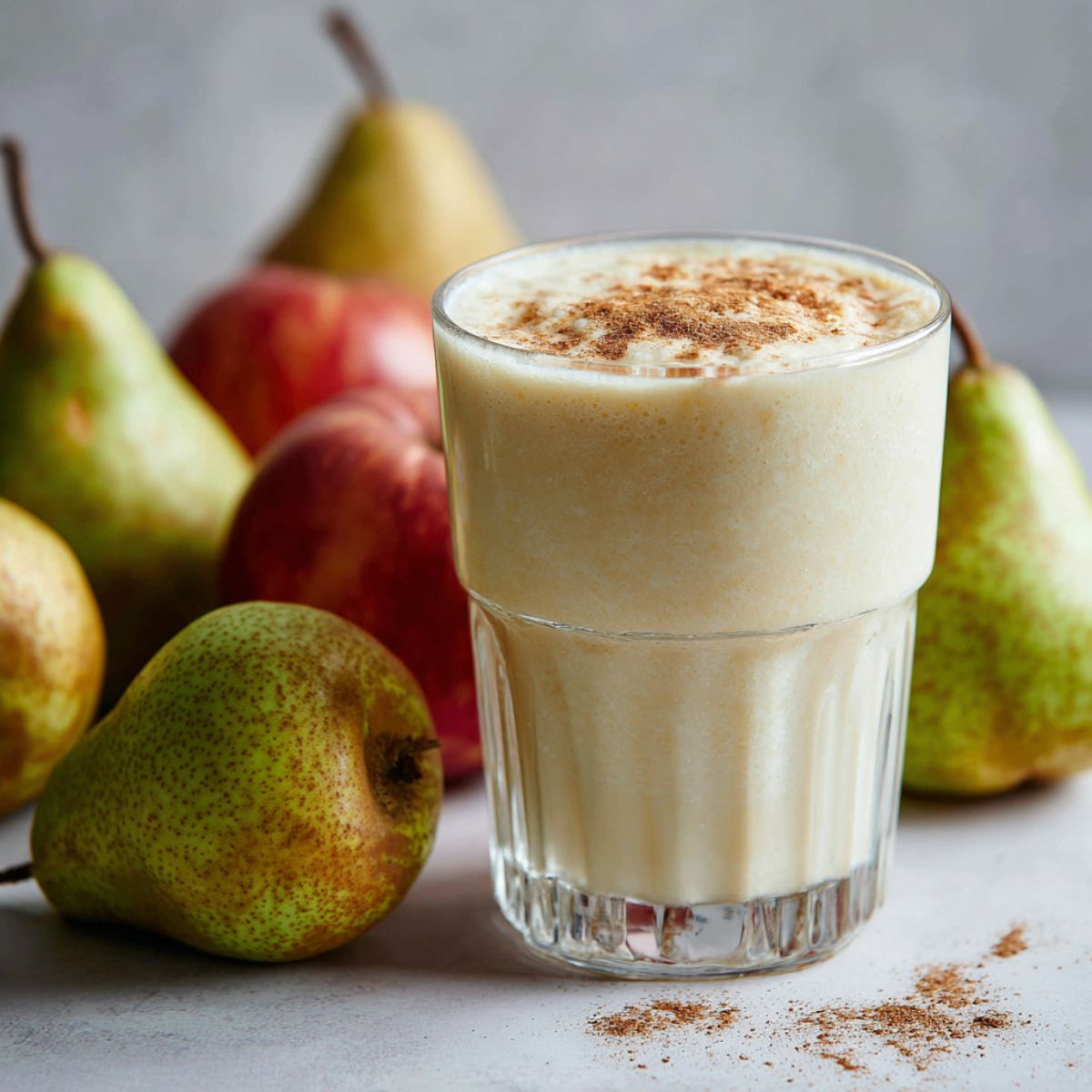 Overhead view of a homemade apple pear smoothie recipe in a glass jar with apples and pears on a white kitchen counter.