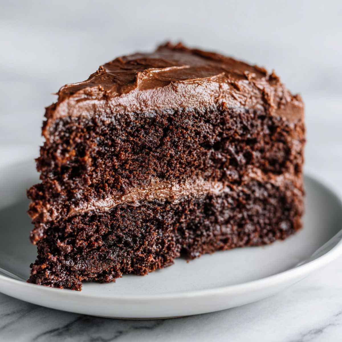 Homemade double chocolate fudge cake recipe with rich fudgy layers, sliced on a white kitchen counter.