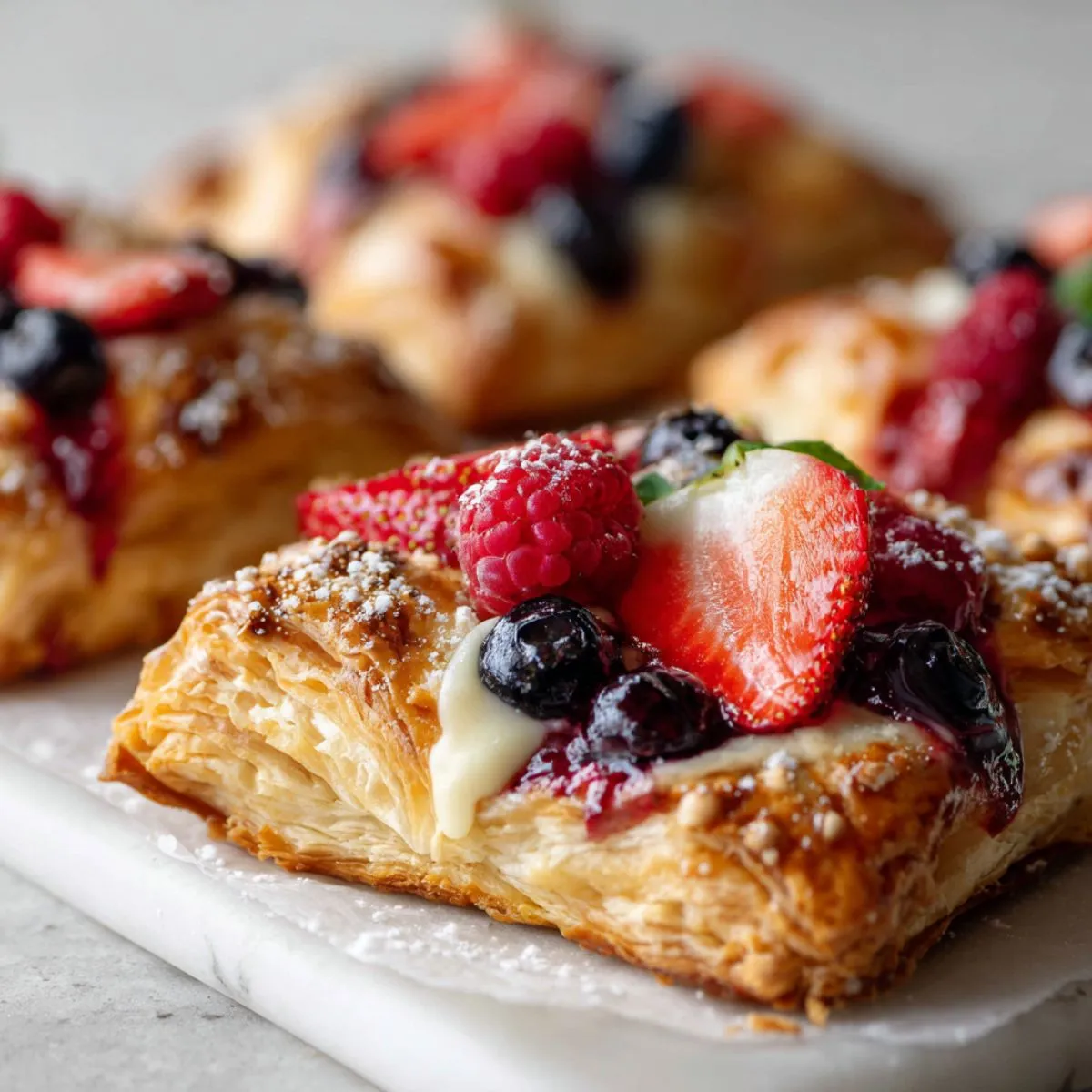 Homemade berry puff pastries recipe cooling on a white marble counter with melted berry juices and flaky golden crusts.