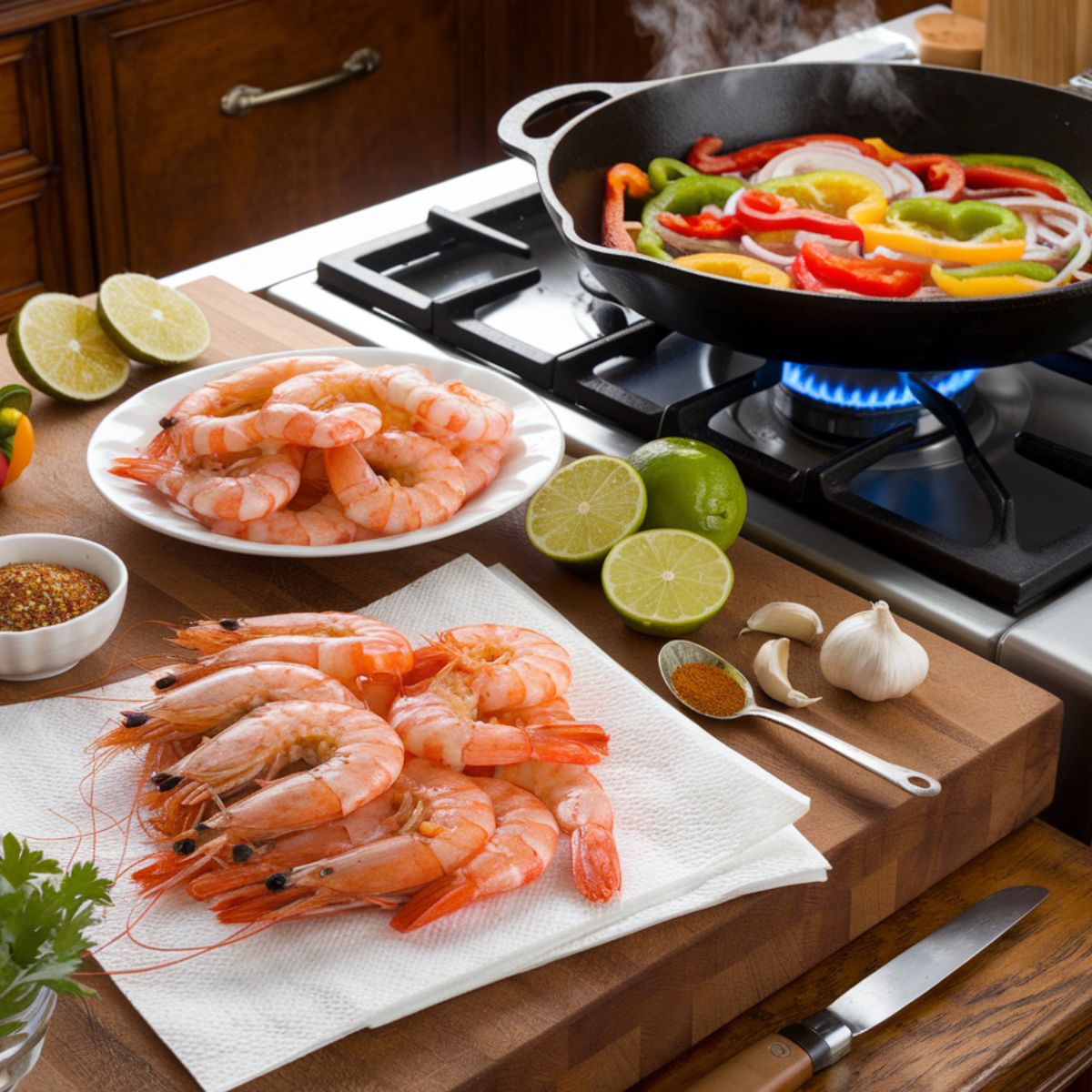 A cozy kitchen scene featuring the preparation of homemade shrimp fajitas recipe.