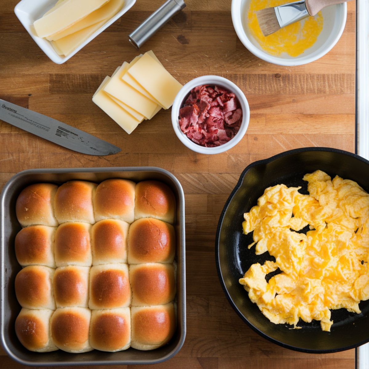 Breakfast sliders ingredients arranged neatly in a clean kitchen setup.