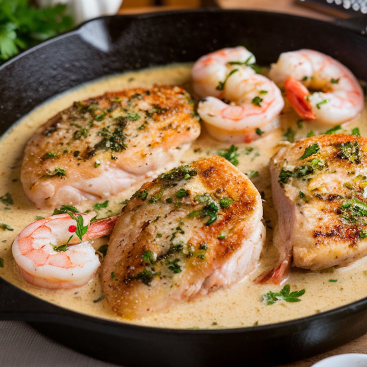 A homemade chicken and shrimp dish in a creamy garlic Parmesan sauce, served in a black cast-iron skillet. The golden-seared chicken breasts and plump shrimp are garnished with fresh parsley.