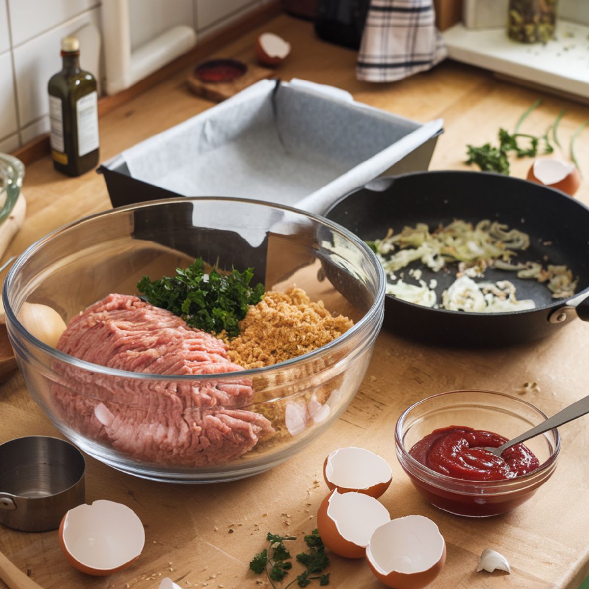 A cozy kitchen countertop scene showing ingredients for a homemade chicken meatloaf recipe.