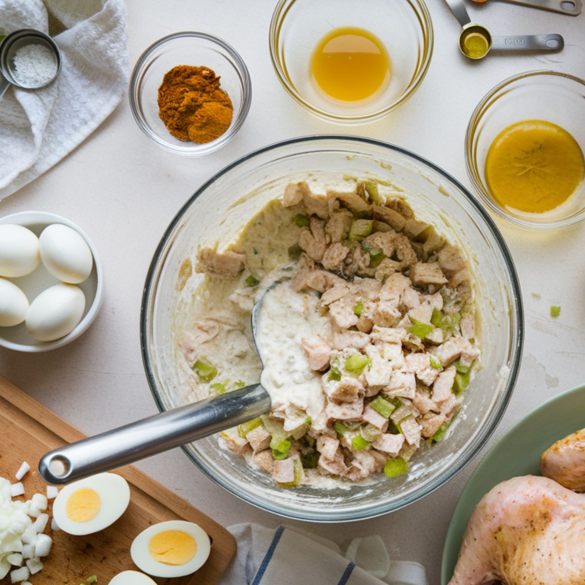 Overhead view of a homemade chicken salad being prepared in a cozy kitchen. A large glass bowl contains diced chicken and celery in a creamy dressing,