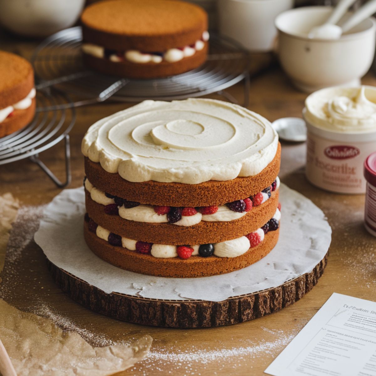 A cozy home kitchen scene showing the assembly of a homemade three-layer vanilla cake. 