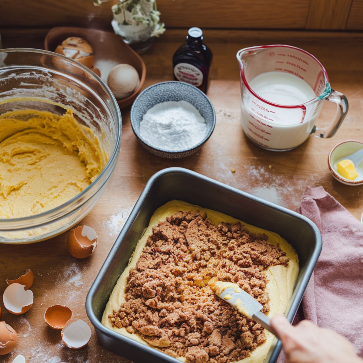 Top-down view of a cozy, real kitchen scene with ingredients and tools laid out for making a homemade cinnamon swirl cake.