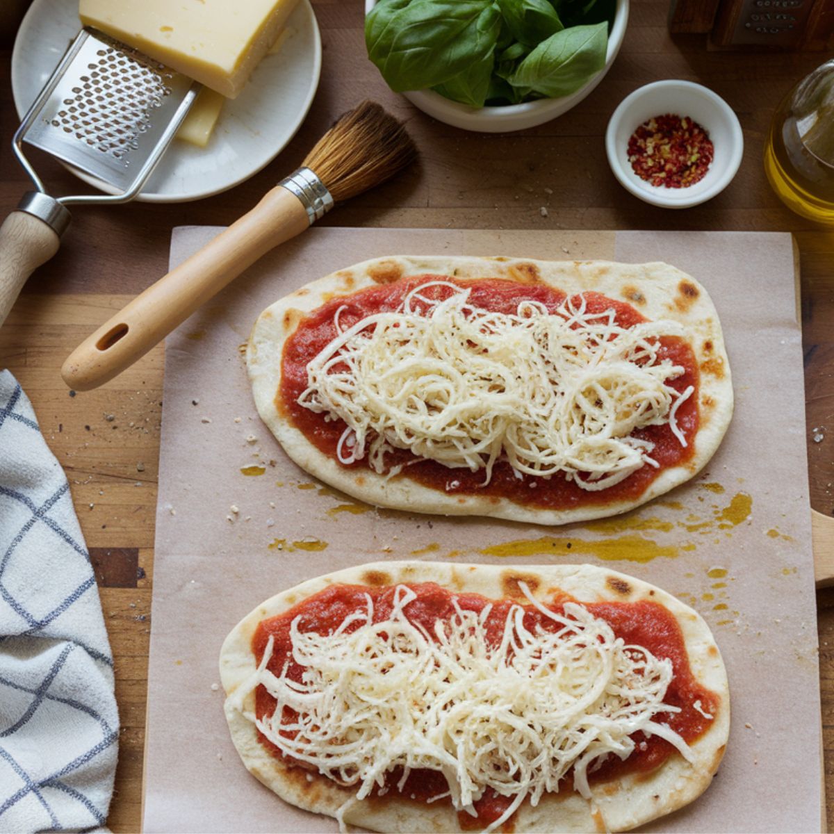 Top-down view of a cozy home kitchen scene showing three mini naan pizzas being prepared with tomato sauce, shredded mozzarella, sliced red onions, 
