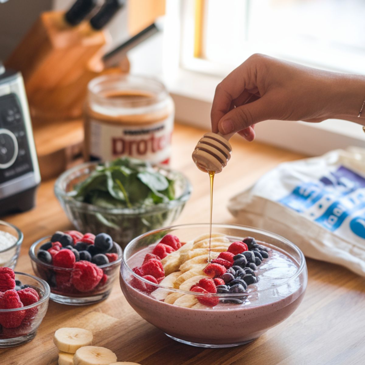 A high-resolution photo of a clean, cozy kitchen where a hand drizzles honey over a vibrant homemade smoothie bowl in a glass bowl. 