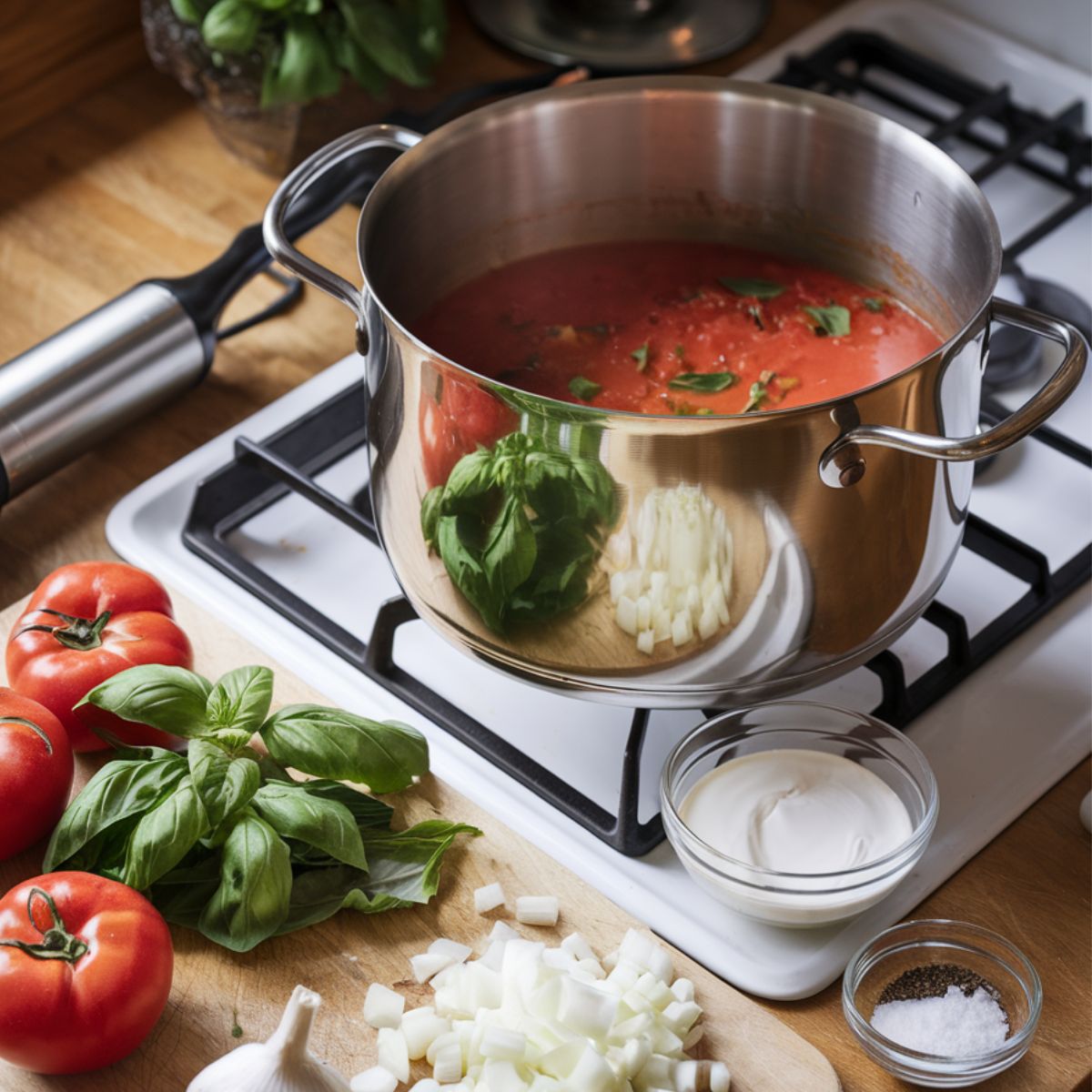 A cozy home kitchen scene showing a stainless steel pot of tomato basil soup simmering on a gas stove,
