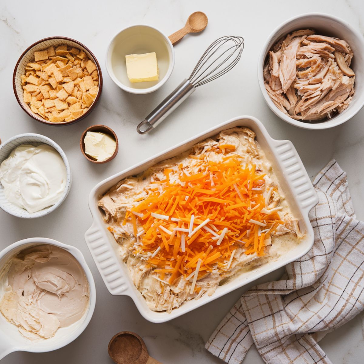 Top-down view of a white marble countertop with a white baking dish filled with creamy chicken mixture, surrounded by shredded cheese.