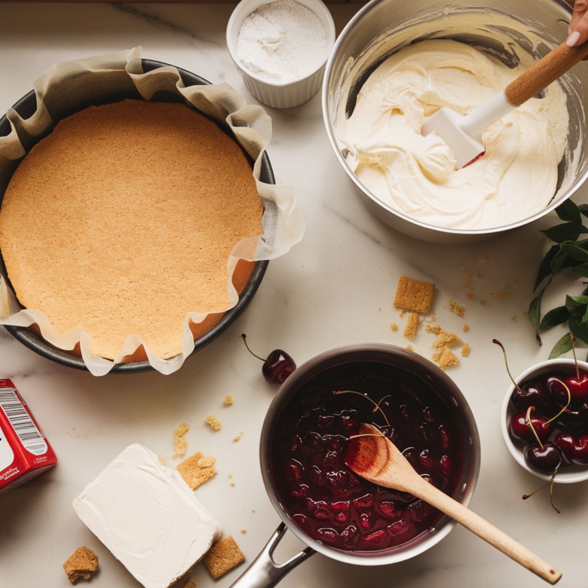 Step-by-step preparation of a no-bake cherry cheesecake on a marble countertop.