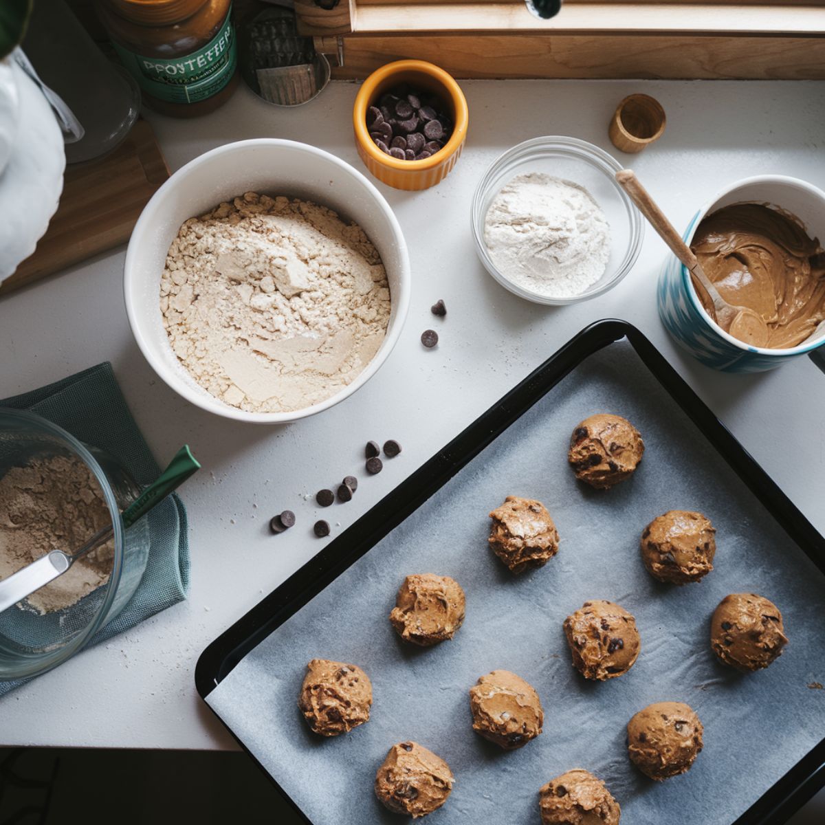 Homemade protein cookie recipe steps on white kitchen counter

