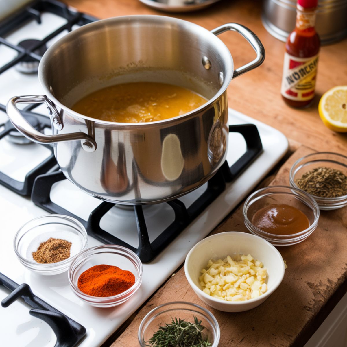 A cozy kitchen scene showing a stainless steel pot on a gas stove with melted butter and garlic inside, surrounded by small glass bowls of Cajun spices