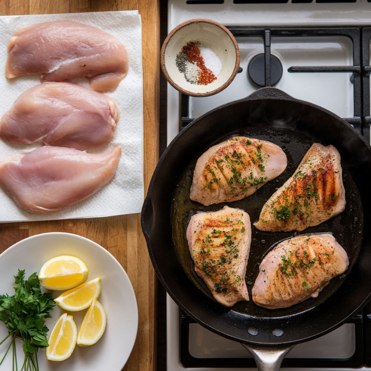 Step-by-step cooking process of thin cut chicken breasts in a home kitchen