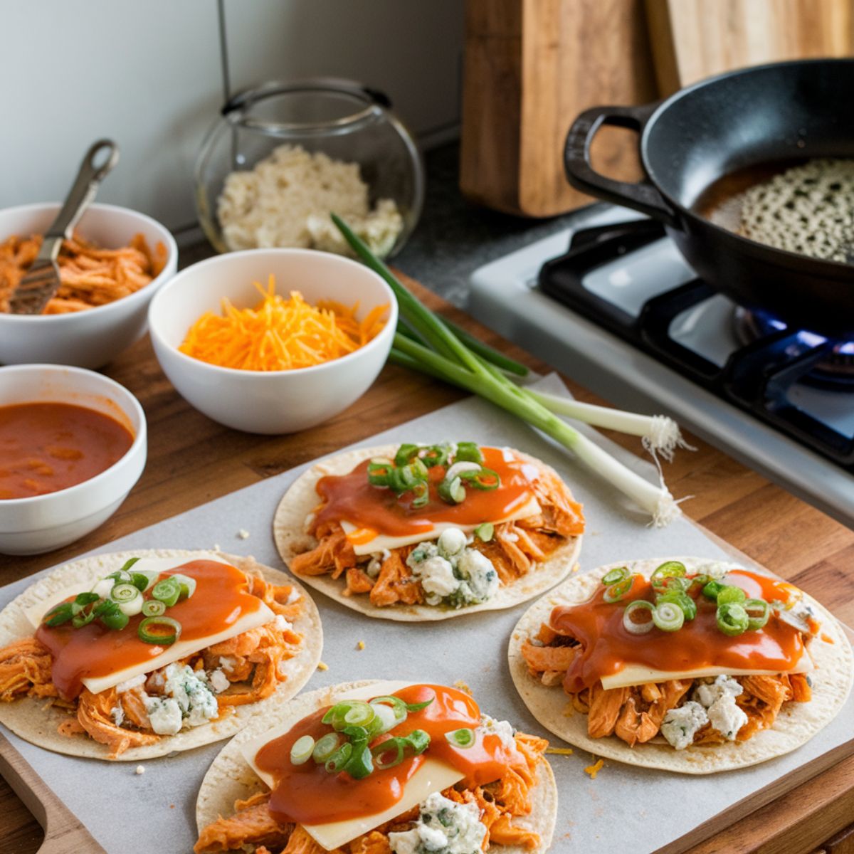 Buffalo Chicken Quesadilla Recipe being assembled in a home kitchen