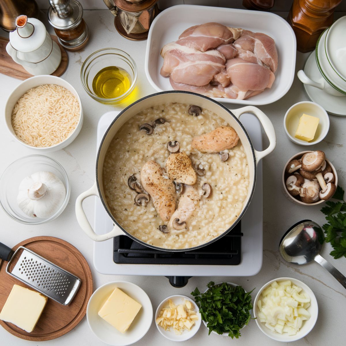 Chicken and Mushroom Risotto cooking with ingredients.