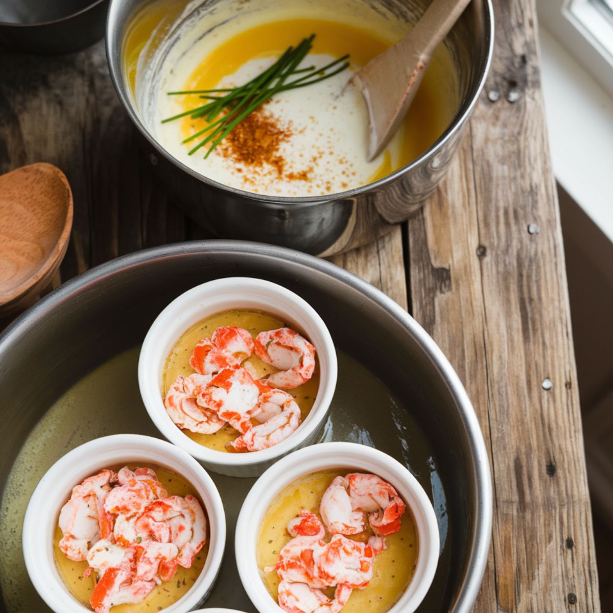 Crab brulee mixture in ramekins on a rustic table