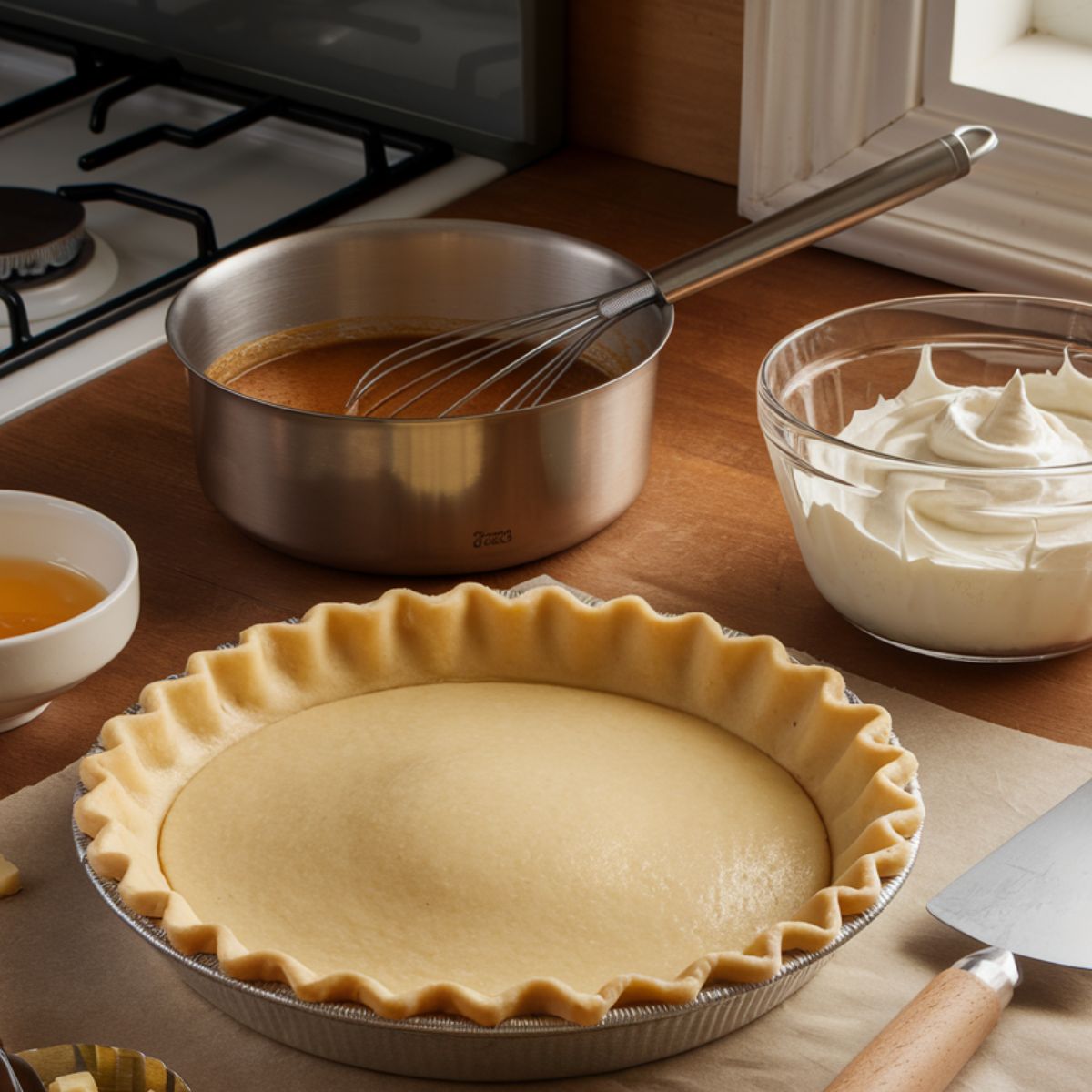 Preparing a homemade butterscotch pie with crust, filling, and whipped cream.





