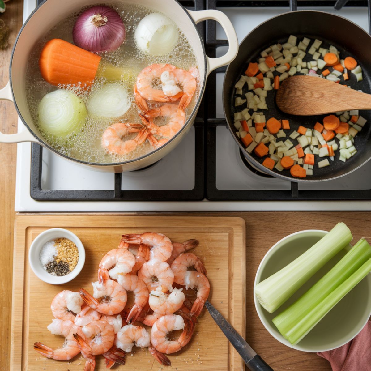 Top-down view of shrimp soup preparation with fresh ingredients on a wooden countertop