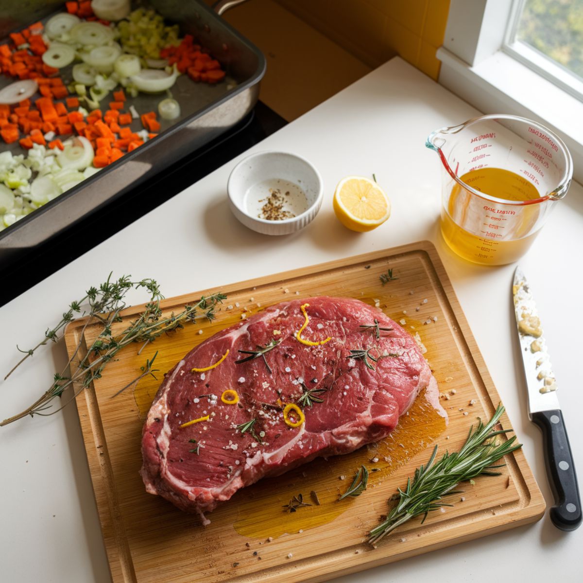 Marinated lamb with herbs and vegetables.