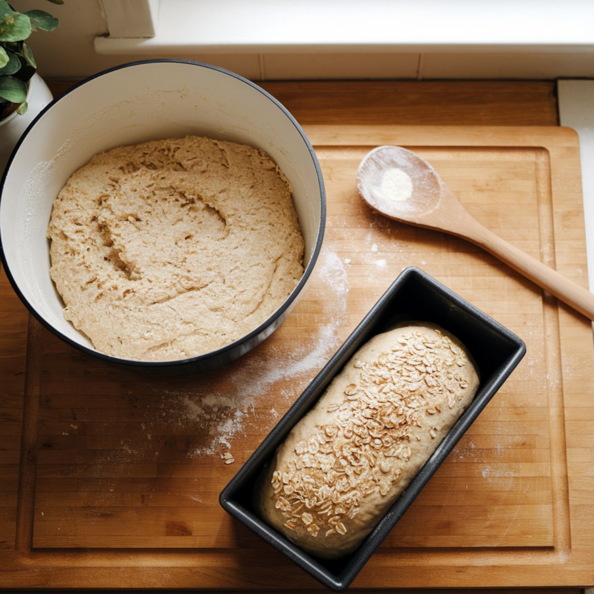Porridge bread dough and shaped loaf on a wooden countertop.