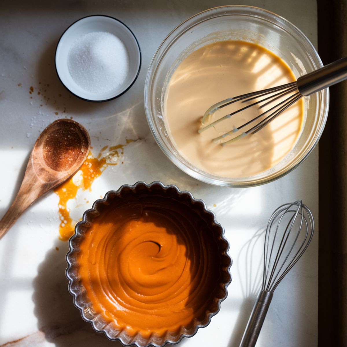 Quesillo Venezuelan Flan Recipe preparation with custard, caramel-coated mold, and baking tools on a sunlit kitchen counter.