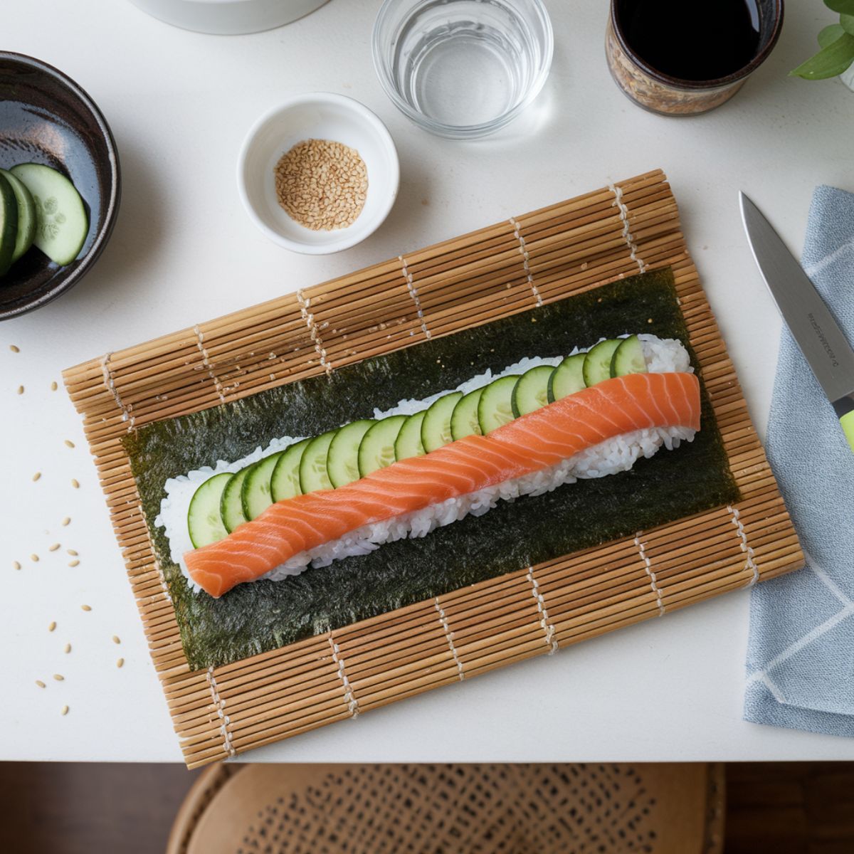 Sushi roll recipe with nori, rice, cucumber, and salmon on a bamboo mat.