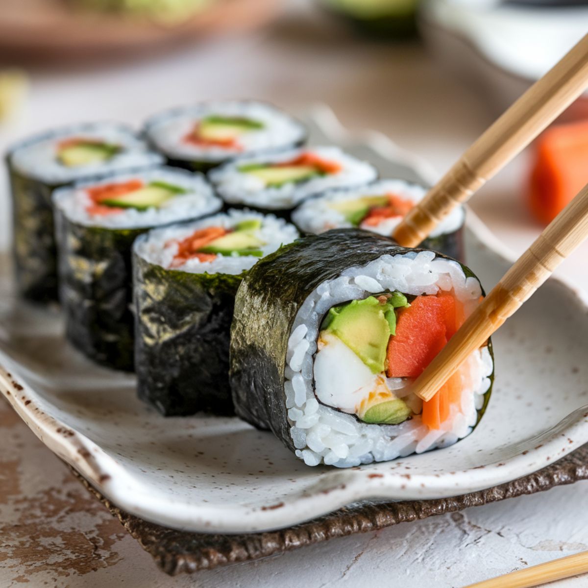 Close-up of sushi rolls with avocado, salmon, and crab, picked up with chopsticks in sushi roll recipe