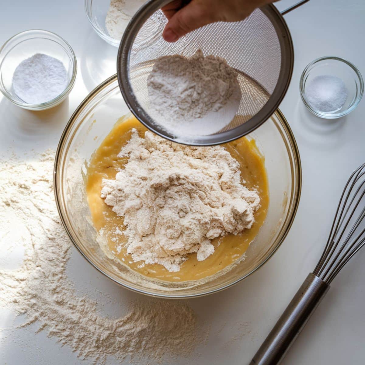 Sifting flour into banana bread batter for banana bread recipe.