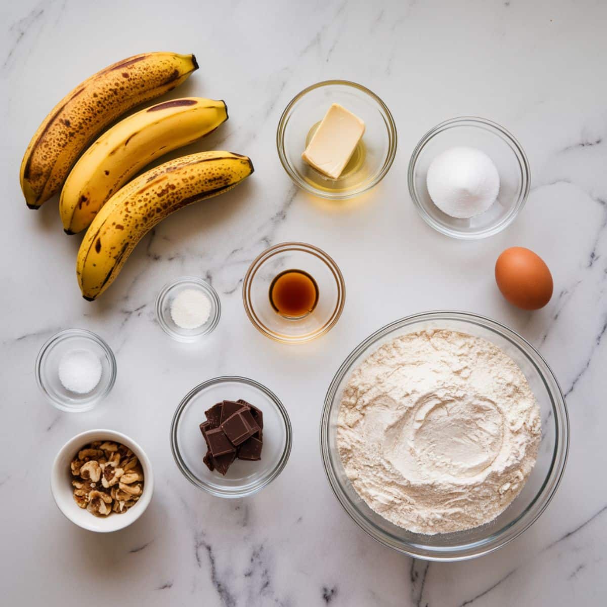 Banana bread ingredients on a marble counter.