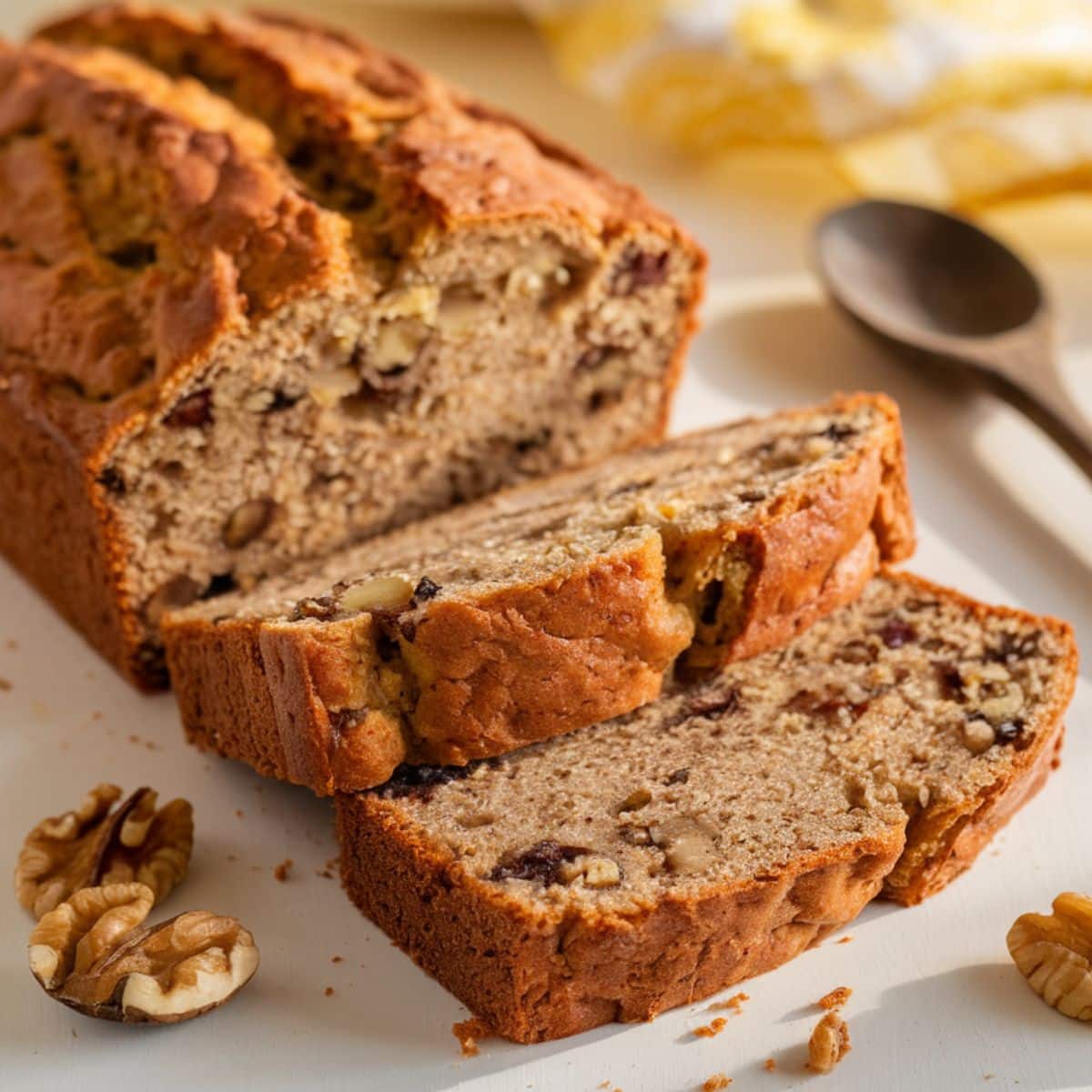 Banana bread with walnuts on a white surface.