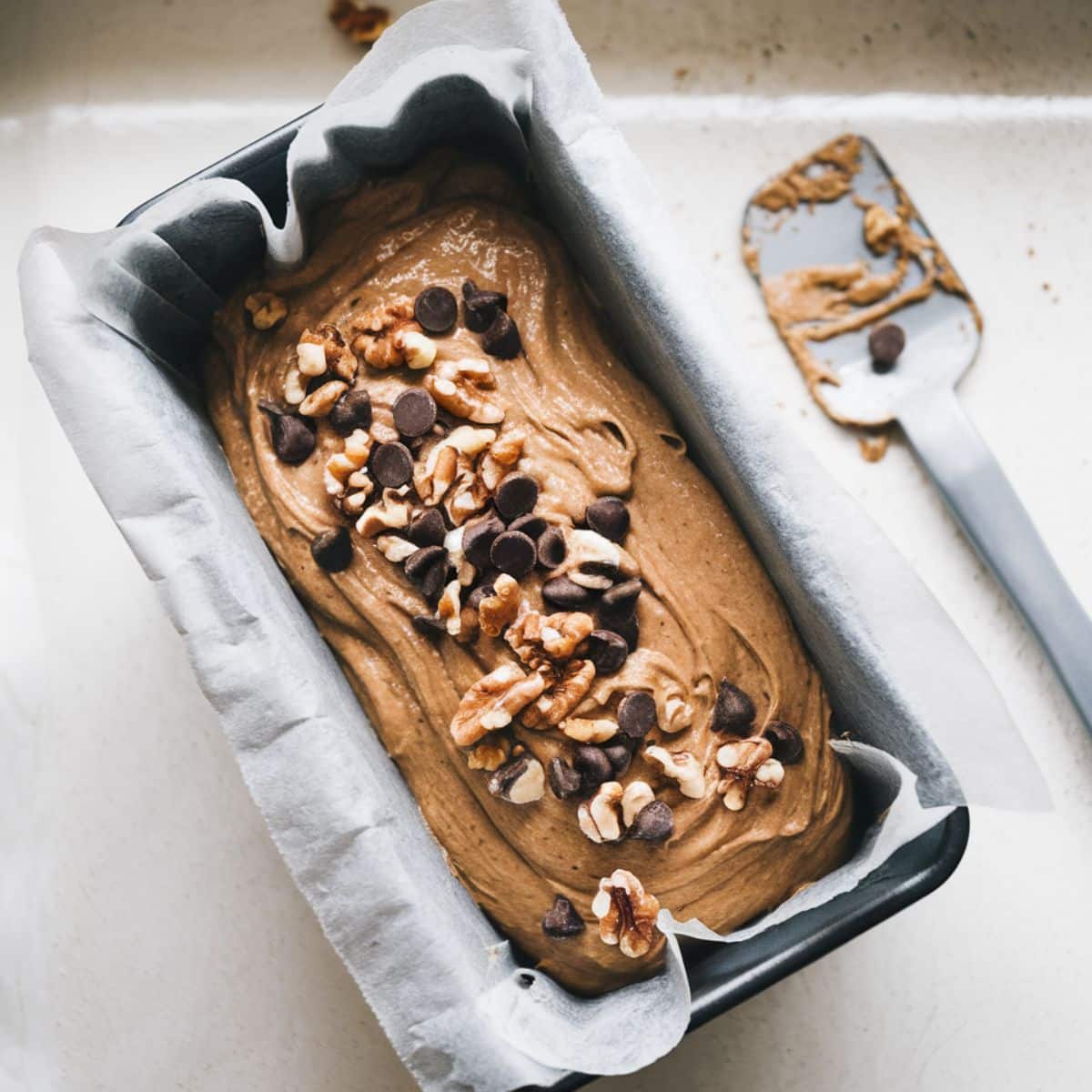 Banana bread batter with walnuts and chocolate chips in a parchment-lined pan.