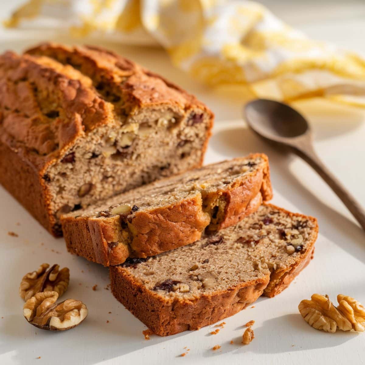 Sliced banana bread with walnuts on a white counter, cooling.