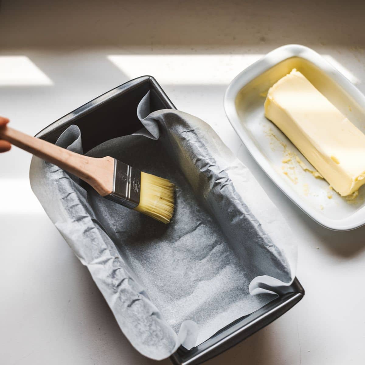 Greasing a parchment-lined loaf pan with butter for a banana bread recipe.