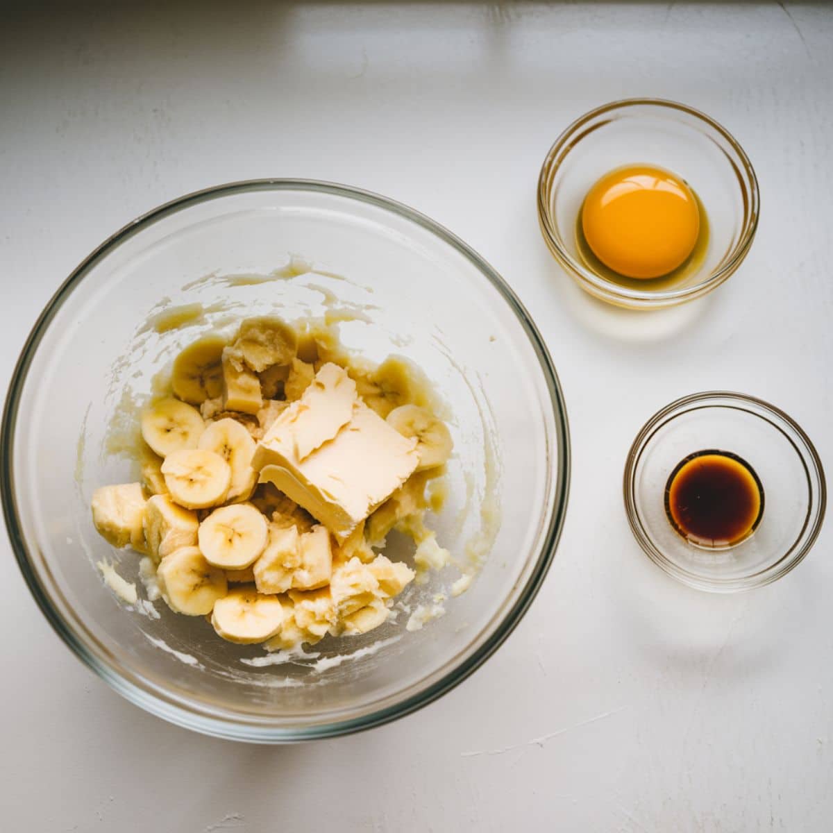 Butter, bananas, egg, and vanilla extract in bowls for a banana bread recipe.