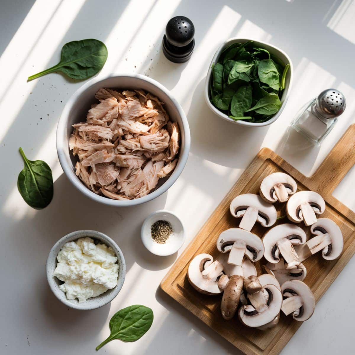 Chicken filling ingredients on a counter.
