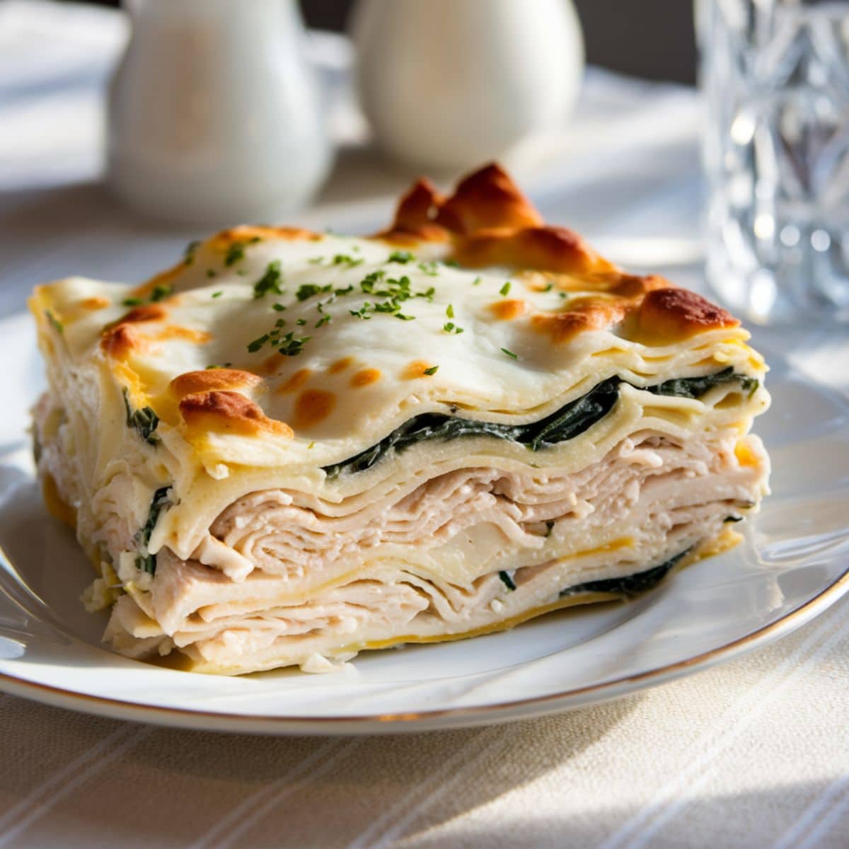 Slice of creamy white chicken lasagna with spinach and cheese on a white plate.