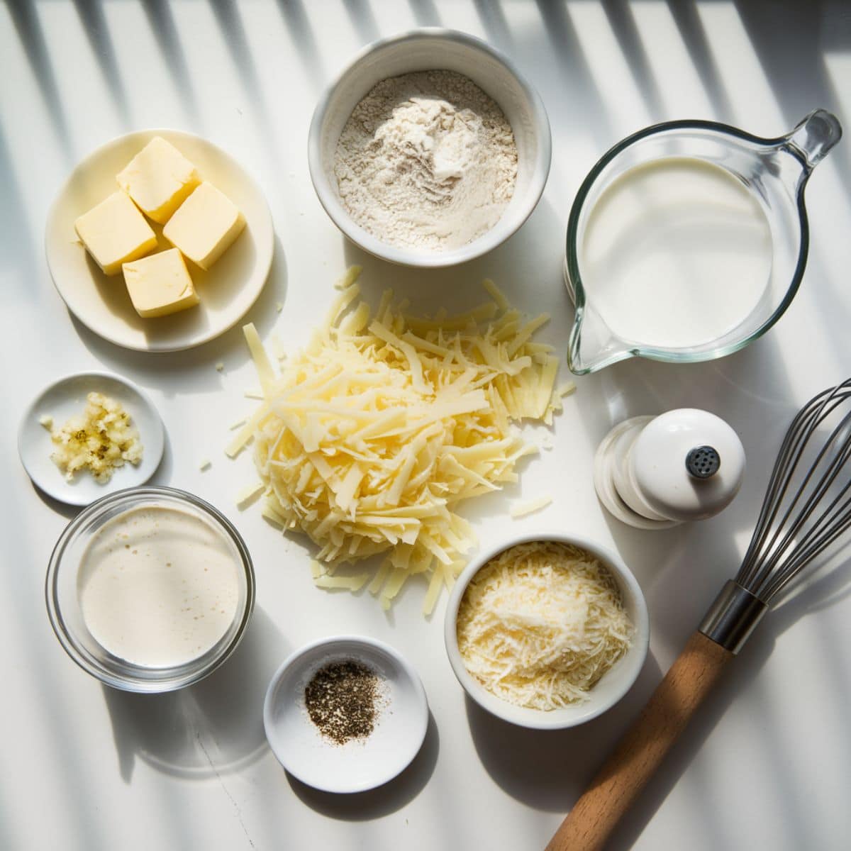 Ingredients for creamy white sauce.