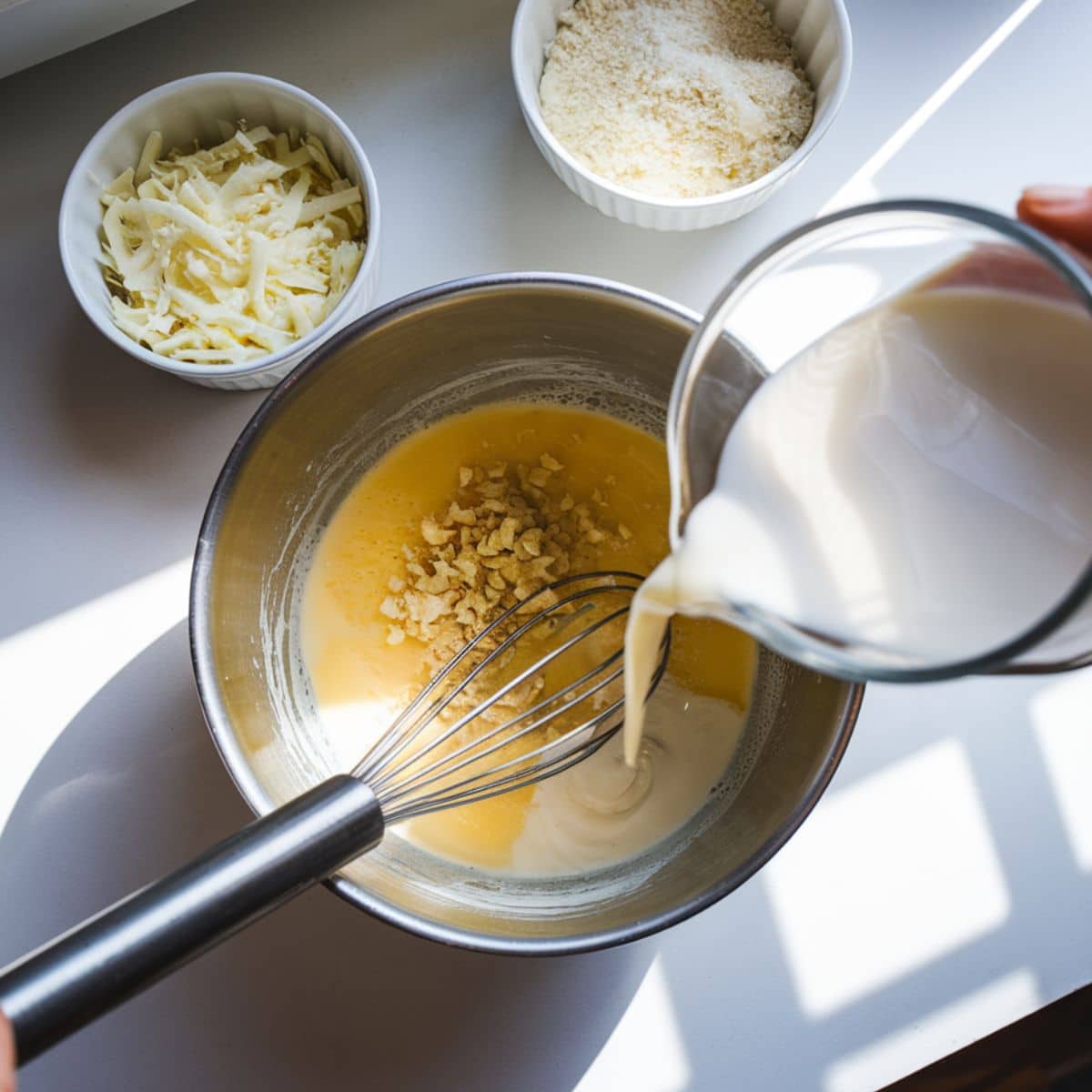 Glass pot with butter and minced garlic being whisked, glass containers of milk and cream nearby.