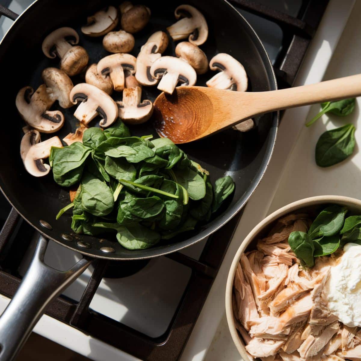 Skillet with sautéed mushrooms and spinach being stirred with a wooden spoon on a white counter.