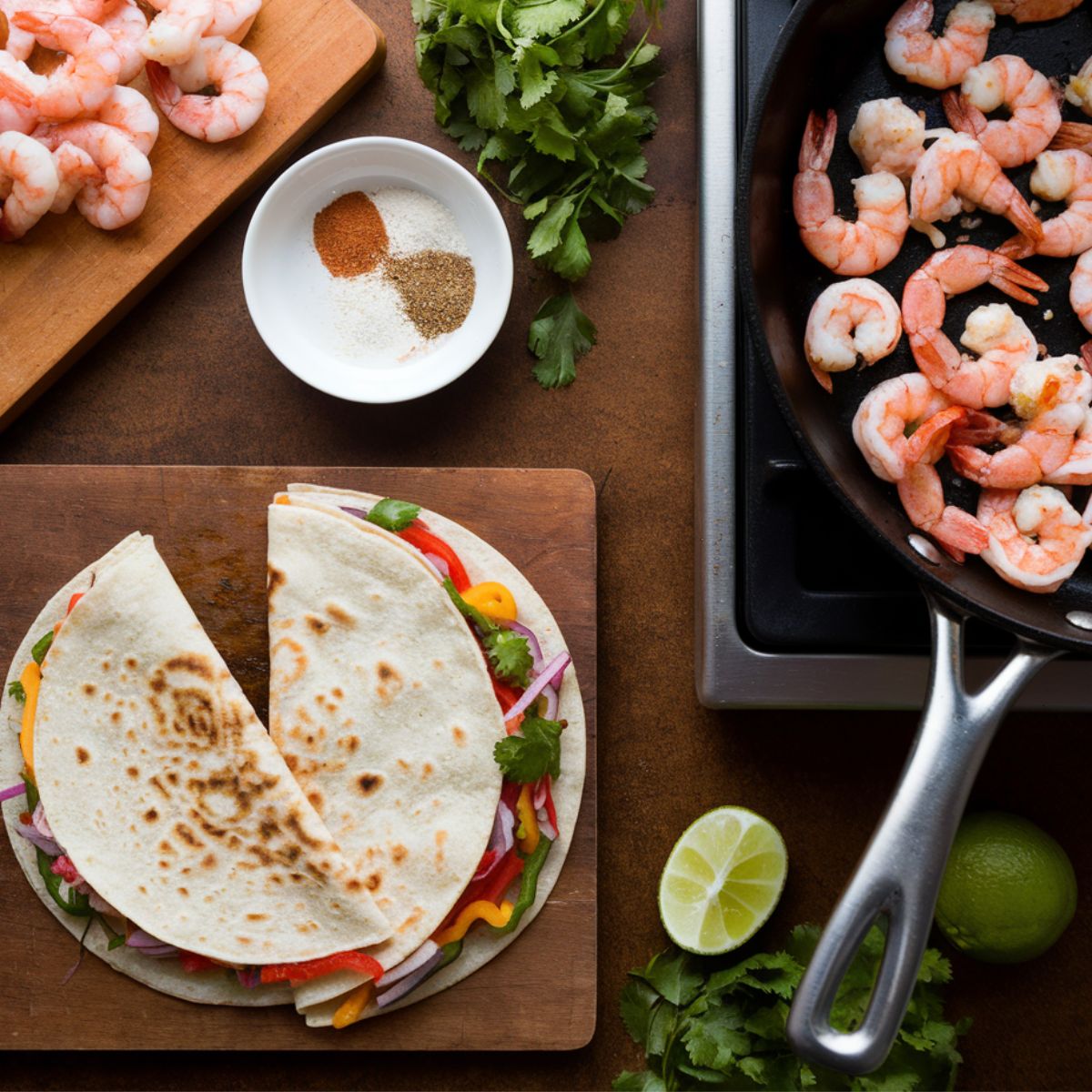 Shrimp quesadilla recipe prep with cooked shrimp, spices, and fresh ingredients.