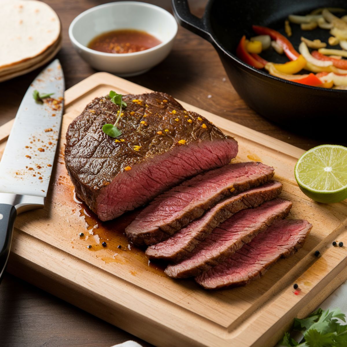 Sliced, juicy marinated steak on a wooden cutting board with a knife, lime, and sautéed bell peppers in the background.