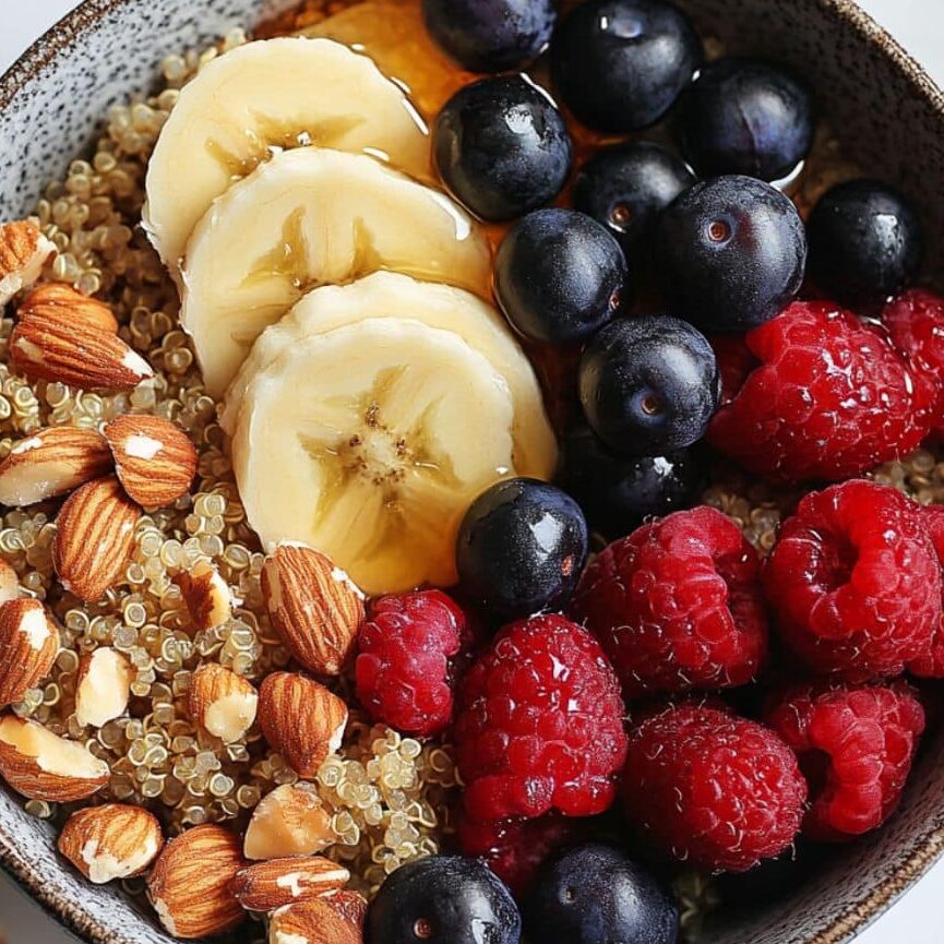 Assembling a quinoa breakfast bowl with fresh toppings