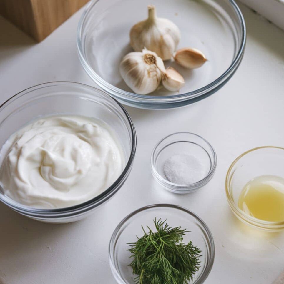 Ingredients for garlic yogurt base: Greek yogurt, garlic, lemon, dill