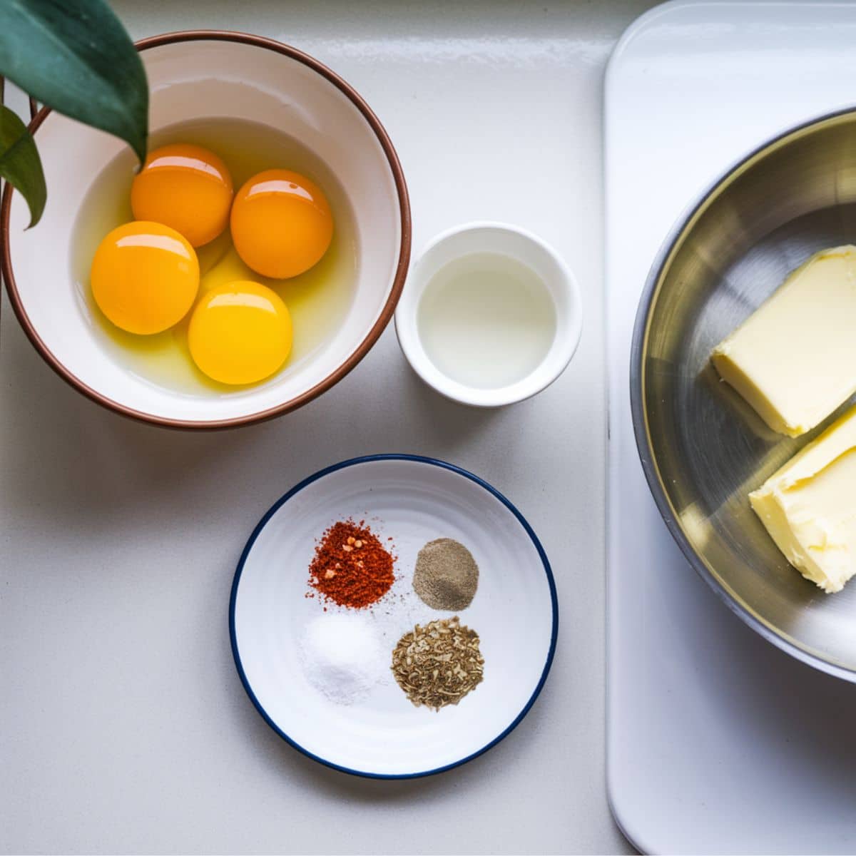 Ingredients for poached eggs and spiced butter including eggs, butter, and spices