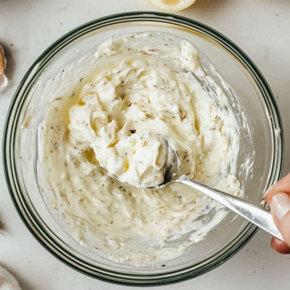 Stirring garlic yogurt with a spoon in a bowl