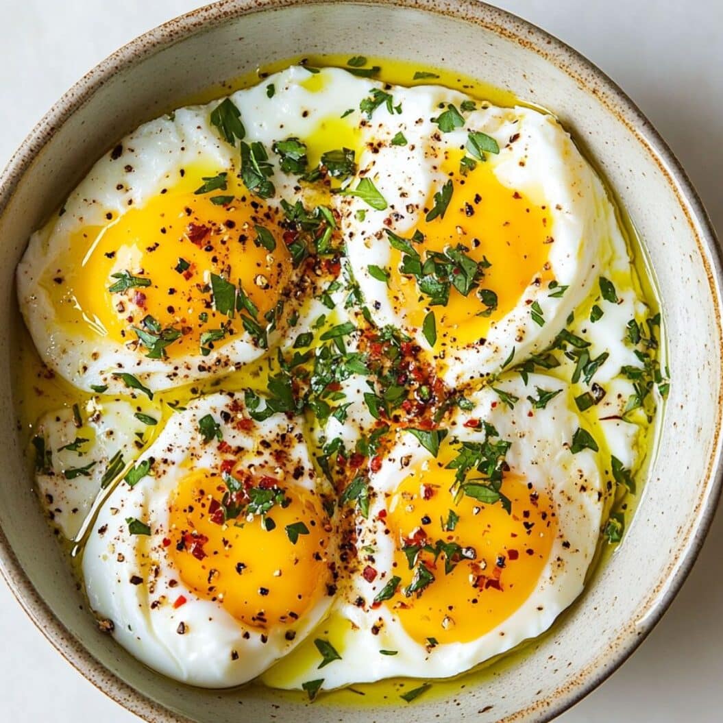 Finished Turkish eggs with yogurt and chili butter served in a bowl
