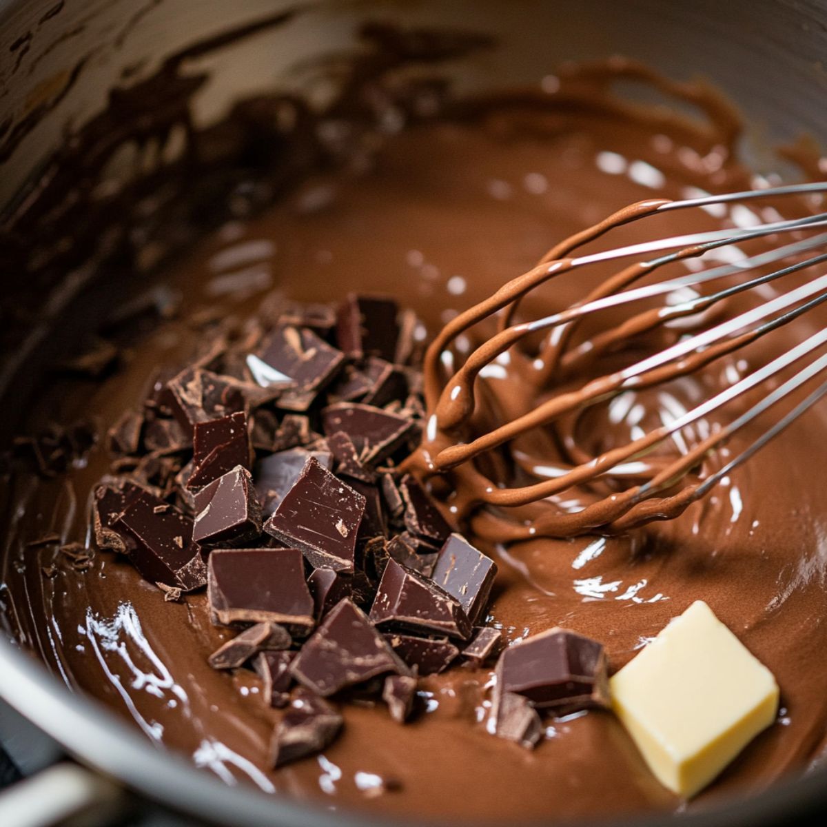 Adding chocolate, butter, and vanilla to the chocolate pudding mixture.