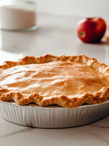 Golden brown homemade apple pie on a white marble kitchen countertop.