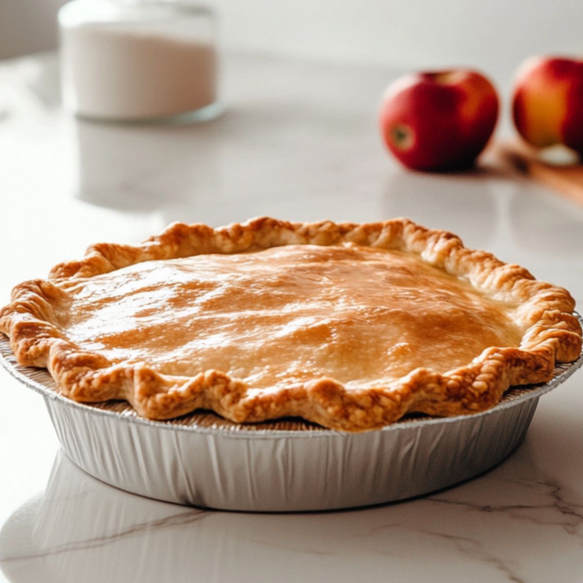Golden brown homemade apple pie on a white marble kitchen countertop.